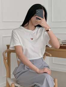 DAZY 女士圆领镂空爱心优雅休闲宽松T恤 - 白色 - 查看 3