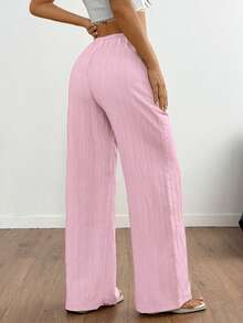 Flirla Petite Women's Solid Color Casual Comfortable Elastic Waist Loose Pants Fall Cloth For Women - Pink - View 2