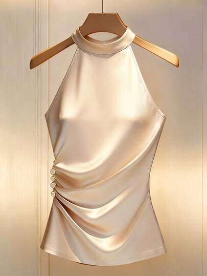  Franclia Women's Elegant Elegant Date Neck Hanging Pearl Button Decor Ruffle Waist Halter Blouse, Summer Satin Top High Neck Top Women Champagne Top Satin Halter Top Sleeveless Top Halter Neck Top,Spring And Summer Resort Wear, Valentine's Day, Carnival, Carnival Women's Wear, Beach, Wedding, Birthday, Birthday Dress, Outing, Elegant, Vacation, Casual, Y2K, Graduation Season Wear, Fashionable Casual Commuter Wear, Business Office Wear, Versatile Fashionable Everyday Casual Wear, Urban Teacher Professional Wear.