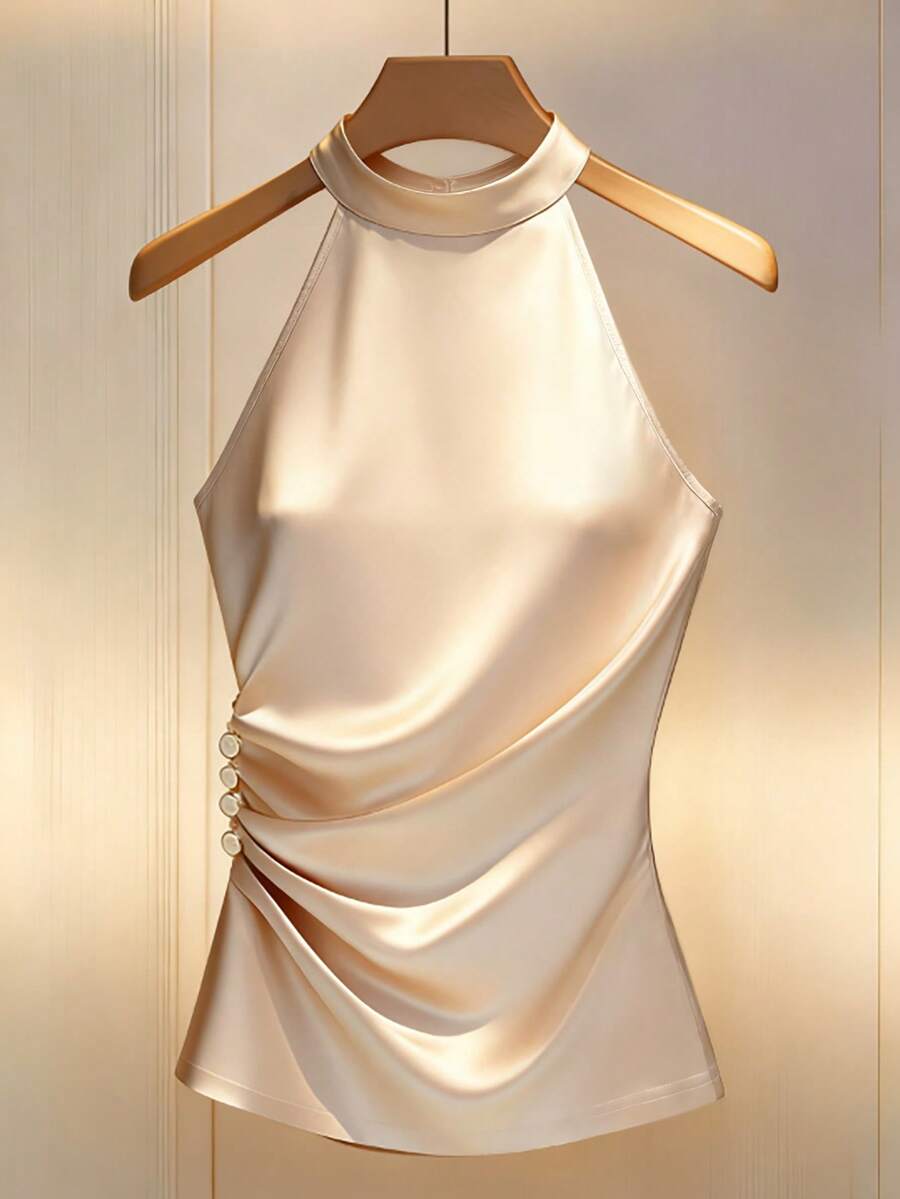 Franclia Áo kiểu nữ thanh lịch, cổ yếm đính ngọc trai, có bèo nhún ở eo, thích hợp cho mùa hè. - Màu be - Xem 1