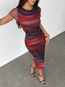 SHEIN PETITE Đầm dài tay ngắn in họa tiết lưới thời trang cho nữ, quần áo nữ mùa xuân/hè, trang phục mùa hè, đầm công sở, đầm midi, đầm đi biển, đầm dự tiệc, đầm tốt nghiệp, đầm công sở cho nữ, đầm sân bay, đầm tuần trăng mật cho nữ, đầm phong cách boho, đầm hè cho nữ - Nhiều màu - Xem 2