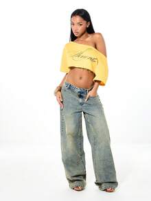 SUMWON WOMEN Quần jeans ống rộng cạp cao kiểu vintage với họa tiết chữ thêu nhiều màu sắc, thích hợp cho phong cách đường phố thường ngày mùa thu đông. - Màu xanh lam - Xem 5