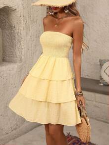 SHEIN Holidaya Casual Vacation Ruffled Layered Textured Sweet Fit & Flare Dress For Women, Spring/Summer - Yellow - View 5