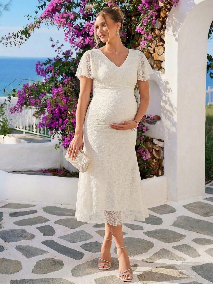 Loomaby 优雅孕妇派对礼服，提花荷叶袖，收腰设计，夏季 - 卡其色 - 查看 1