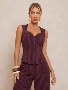 Lumalex Bộ đồ nữ mùa xuân/hè, tiệc tùng, tiệc chiêu đãi, trang phục sang trọng, lấp lánh, tiệc lễ hội, dã ngoại, kỳ nghỉ, ngoài trời, tiệc cưới, lễ trưởng thành, màu đỏ tía sọc, cổ đứng, khoét eo, khuy kim loại, ống quần thẳng, kèm áo vest không tay, sang trọng, dự tiệc prom, Giáng sinh, Năm mới, quần áo ấm áp mùa thu và đông cho nữ. - Màu Đỏ Sâu - Xem 1