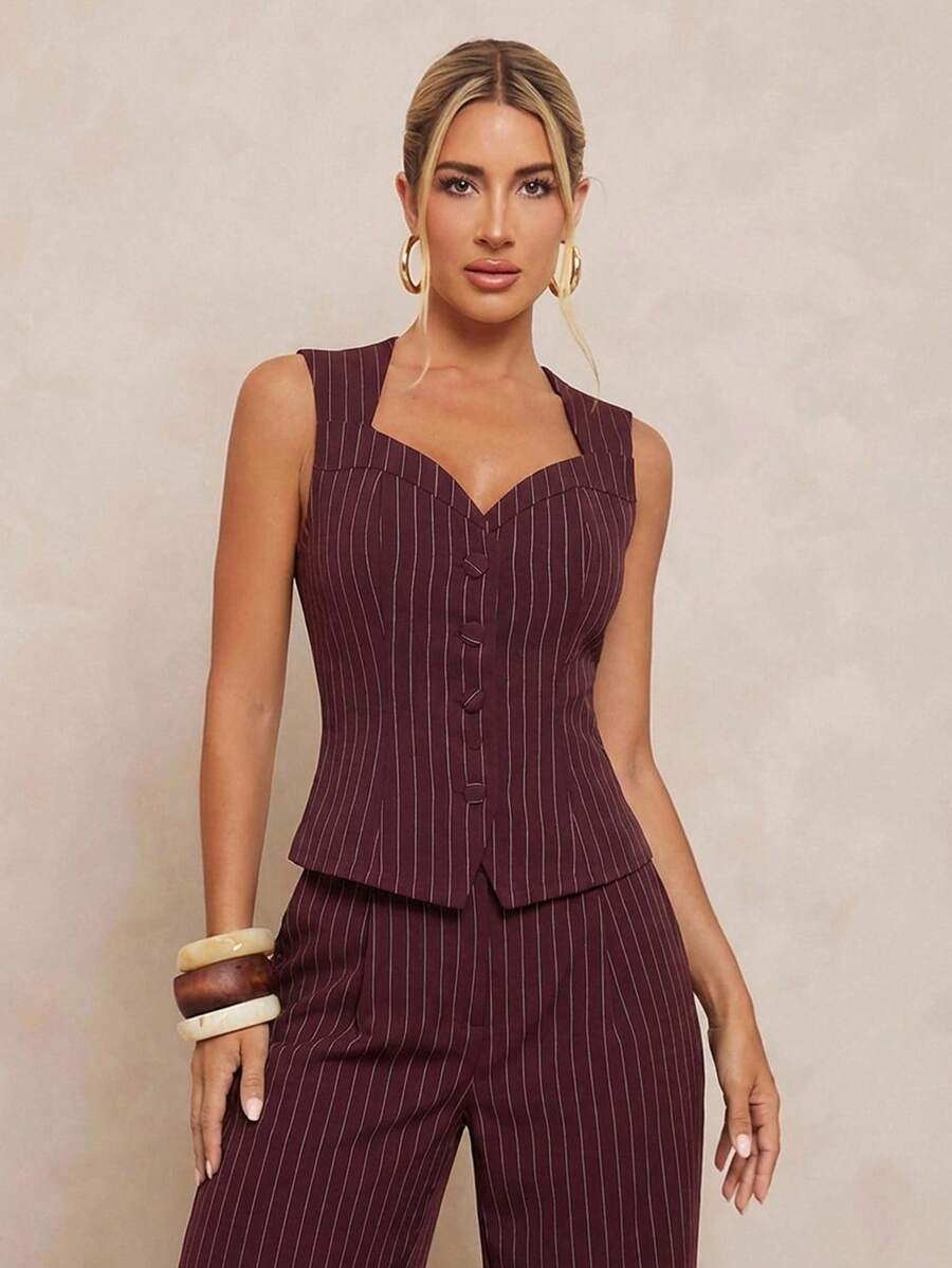 Lumalex Bộ đồ nữ mùa xuân/hè, tiệc tùng, tiệc chiêu đãi, trang phục sang trọng, lấp lánh, tiệc lễ hội, dã ngoại, kỳ nghỉ, ngoài trời, tiệc cưới, lễ trưởng thành, màu đỏ tía sọc, cổ đứng, khoét eo, khuy kim loại, ống quần thẳng, kèm áo vest không tay, sang trọng, dự tiệc prom, Giáng sinh, Năm mới, quần áo ấm áp mùa thu và đông cho nữ. - Màu Đỏ Sâu - Xem 1