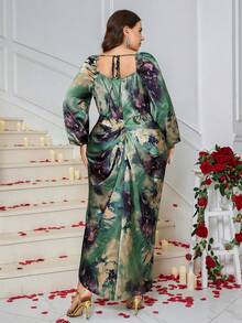 SHEIN Clasi 大码女式扎染印花荷叶边领灯笼袖侧开衩下摆优雅连衣裙 - 綠色 - 查看 3