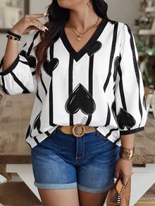 Weeklong Random Striped Heart Print Plus Size Women V-Neck Lantern Sleeve Blouse - Multicolor - View 3