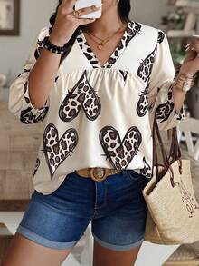 Weeklong 大码女式心形豹纹V领灯笼袖衬衫 - 彩色 - 查看 3