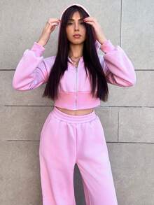 Hitanina 女式春季时尚粉色拉链连帽运动衫和裤子两件套 - 粉色 - 查看 3