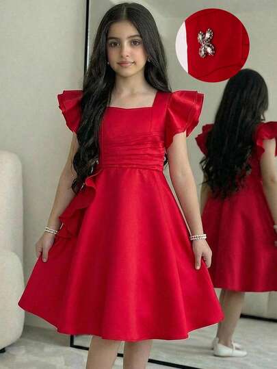 Firerie Kids Vestido elegante de princesa con cuello cuadrado y mangas con volantes para niña preadolescente, apto para uso formal, fiestas, uso diario, festivales, reuniones familiares y ocasiones especiales