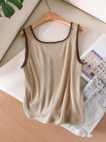 CosyJoli 大码女式水洗雪花吊带背心休闲街头风上衣，大码女式撞色滚边吊带背心/吊带衫 - 駝色 - 查看 2