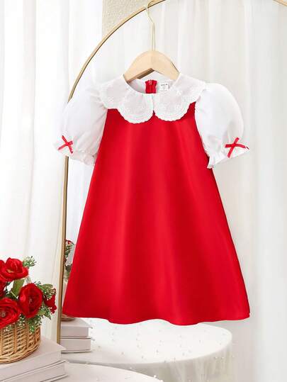 Cute & Elegant Young Girl's Collared Patchwork Bow Tie Short Sleeve Dress