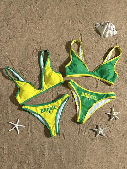 Swim Vcay 2026 New Women's Summer Beach Vacation Brazil Letter Placement Print Colorblock Backless Sexy High Waist Cut-Out Triangle Bikini 2 Pieces Swimwear Set