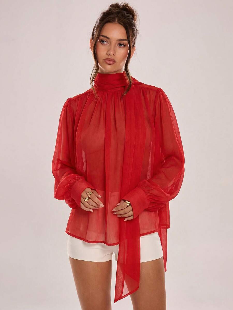 Avenya Áo sơ mi dài cổ đứng xếp ly quá khổ bằng vải chiffon kiểu cổ điển, thắt nơ. - Đỏ - Xem 1