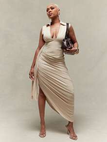 Vixey Pointed Collar Open V Neck Asymmetrical Draped Midi Dress - Apricot - View 3