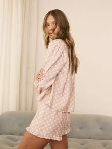 Aralina Polka Dot Long Sleeve Top And Ruffle Shorts Pajama Set - Pink - View 6