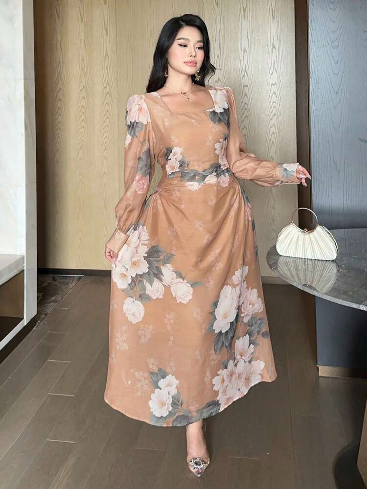 Dazy Plus Plus Size Women's Elegant Floral Print Square Neck Waist Cinched Formal Maxi Dress, Spring/Summer Sundress
