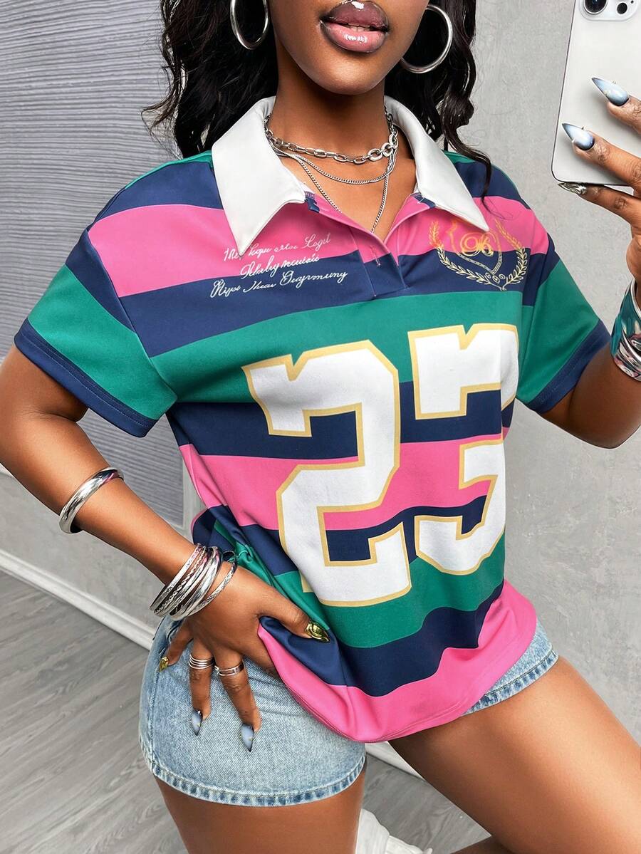 Glyssa 女士新款甜美清爽休闲度假简约浪漫衬衫领短袖T恤 - 彩色 - 查看 1