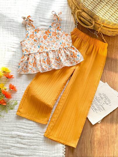 Vintaside Kids Young Girl Camisole Print Top & Textured Casual Pants Set