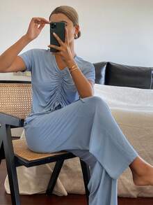 DAZY Minimalist Pleated Design Loose Women Pajama Set - Blue - View 5