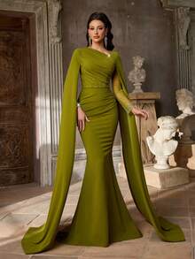 Aureia 优雅简约针织弹力缎面长袖喇叭袖褶裥设计收腰褶裥裹身裙不对称肩部飘逸风格女士晚礼服、正式礼服、鸡尾酒礼服 - 綠色 - 查看 4