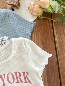 SHEIN Baby Girl Casual Cute Solid Color Knit Short Sleeve Top, Multi-Color,Kids - Multicolor - View 5