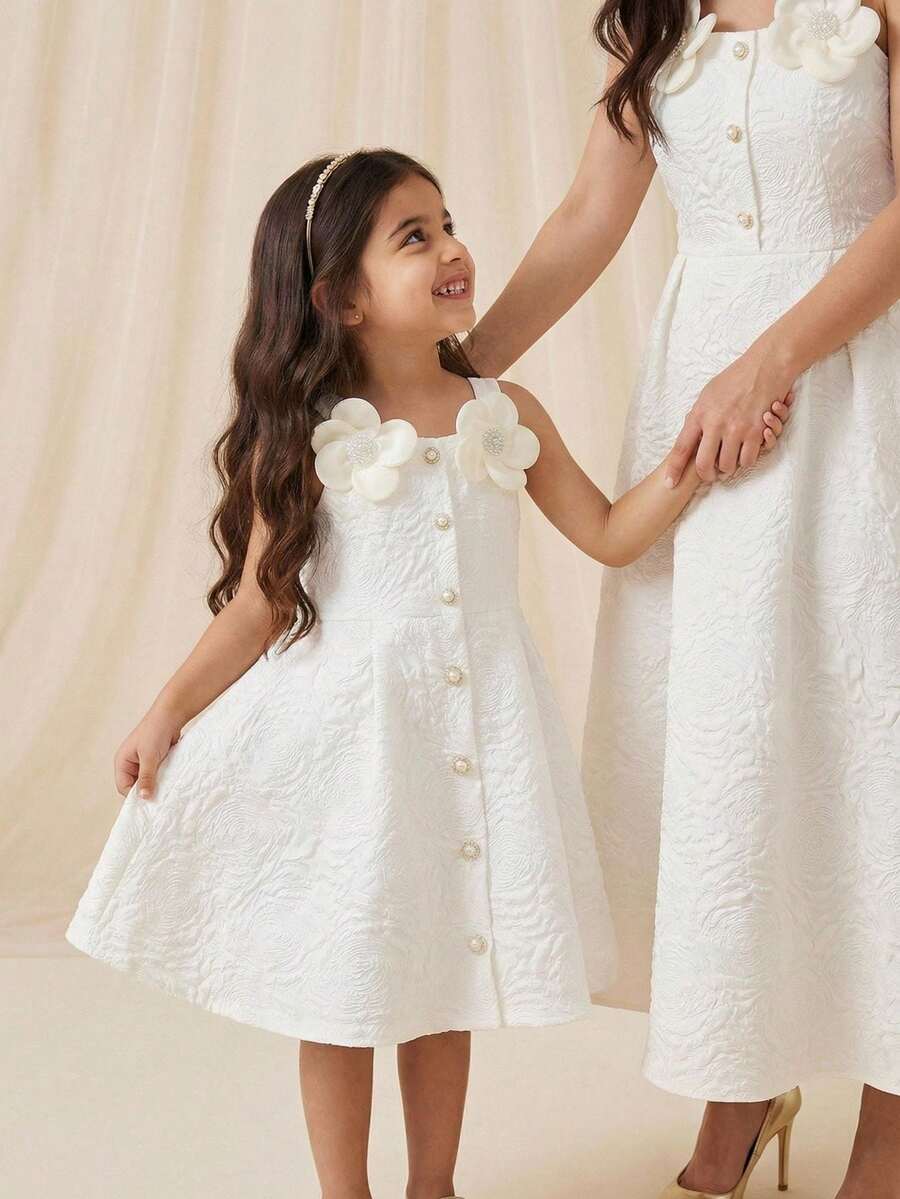 Elladie kids Đầm trắng không tay cho bé gái, chất liệu jacquard, có hàng cúc vàng phía trước, hai bông hồng trắng trang trí trên vai, dáng chữ A ôm sát và dây đeo vai vuông, kiểu dáng cổ điển nhưng thanh lịch, phù hợp cho các bữa tiệc, lễ kỷ niệm, ngày lễ, cũng như các buổi đi chơi mùa xuân/hè và đi học.
