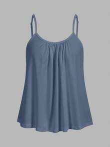 SHEIN EZwear 3件套加大码女式褶皱宽松吊带背心，黑色+雾霾蓝+黑白格子图案，可调节肩带，适合春夏穿着 - 彩色 - 查看 5