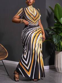 Veslaya Women's Plus Size Yellow Curve Elegant Cocktail Summer Striped Mock Neck Short Sleeve Jumpsuit And Pleated Maxi Skirt Set,Music Festival Party Outfit - Multicolor - View 5