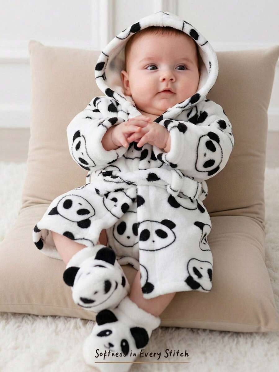 Cozy Pixies Newborn Baby Boy/Girl Cartoon Bear Pattern Fleece Thick Hooded Long Sleeve Tie-Front Robe - Multicolor - View 1
