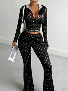 SHEIN SXY 两件套加大码波点印花连帽长袖上衣和喇叭裤套装 - 黑色 - 查看 6