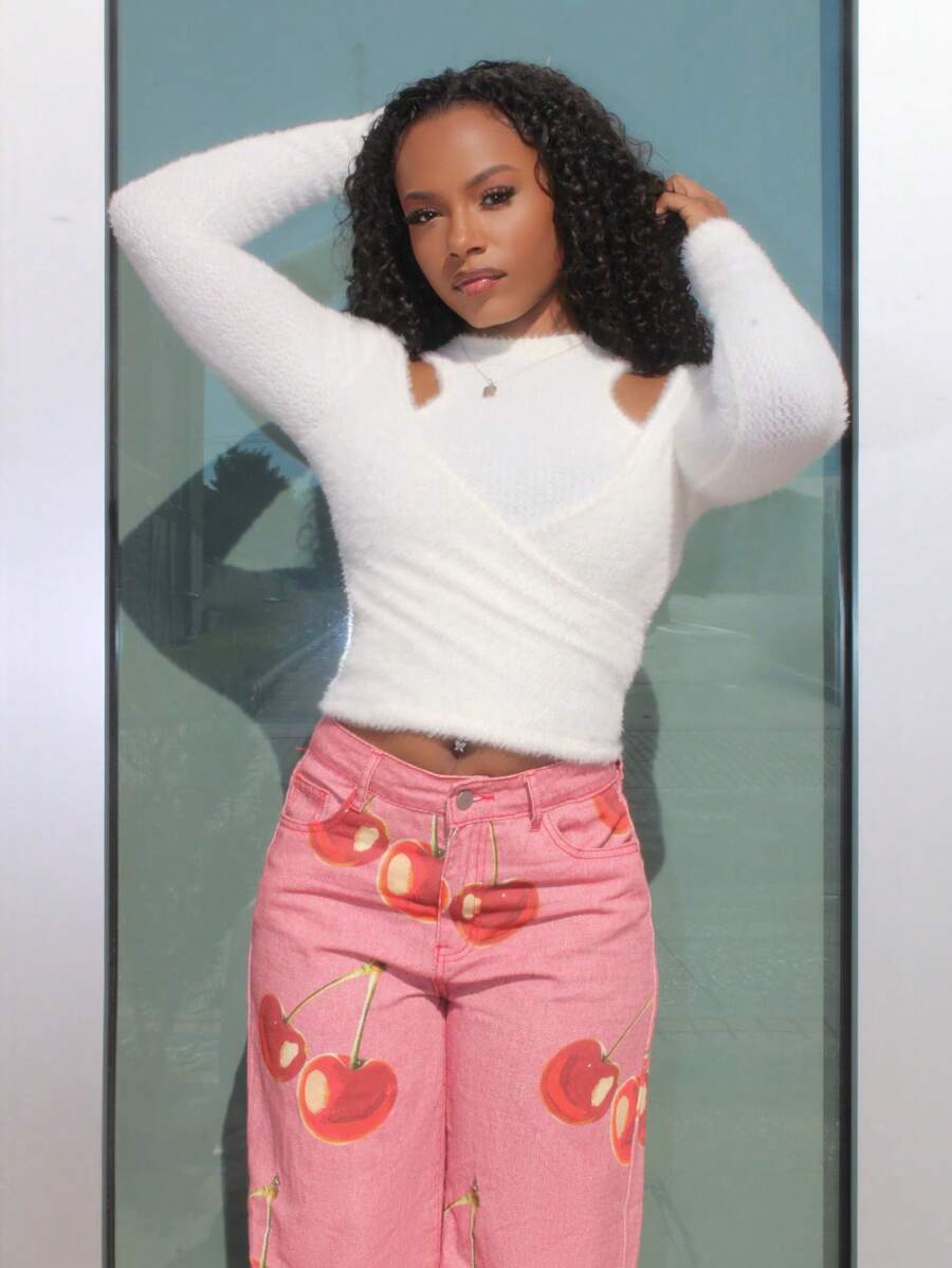 Steph T 女式镂空扭结高领长袖 T 恤，羊毛衬里，秋冬 - 白色 - 查看 1