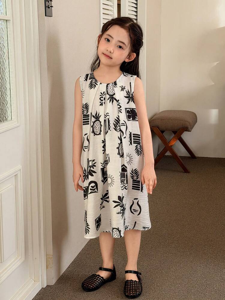 Young Girl Tropical Print Pleated Sleeveless Loose Casual Vacation Dress, Summer
