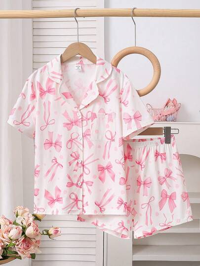 Girls Classic Striped Pink Bow Collar Short Sleeve Shorts Casual Comfortable 2 Pieces Pajama Set. Mommy And Me Matching Outfits (3 Sets Sold Separately)