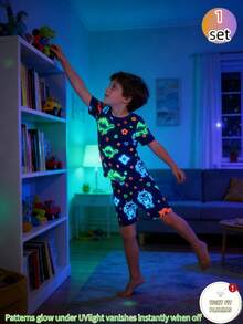 1 Set Young Boy Pajamas, Navy Blue Glow-In-The-Dark Round Neck Short Sleeve T-Shirt With Colorful Star, Green Dinosaur And Light Blue Block Print, Matching Shorts, Soft And Comfortable Knit Fabric, Suitable For Summer Indoor And Outdoor Wear - Multicolor - View 6