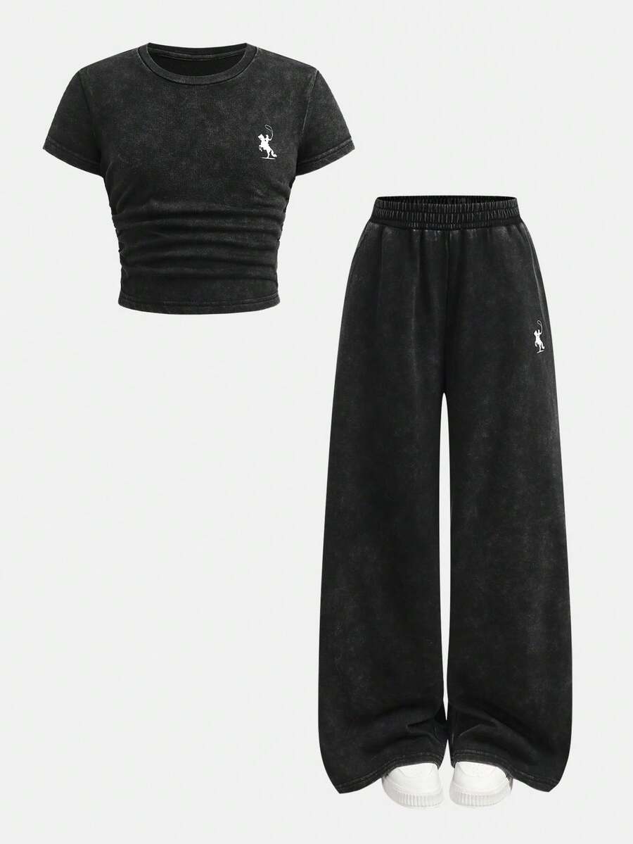 SHEIN Tween Girls' Casual Everyday Street Slim Fit Short Sleeve Round Neck T-Shirt And Wide Leg Pants Knit Set, Washed Fabric, Gray, Butterfly Print - Dark Grey - View 1