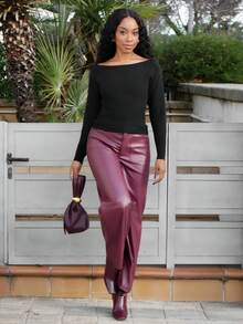 Yess Loren 女士纯色不对称领口休闲长袖红色毛衣休闲派对优雅家居性感秋冬休闲圣诞万圣节新年不对称上衣 - 黑色 - 查看 6