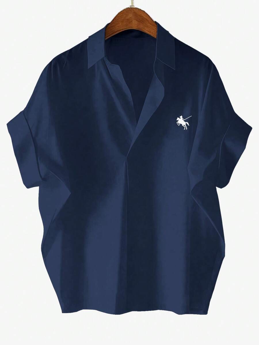 GlowEve CURVE 大尺碼女款海軍藍刺繡 Polo 領半袖襯衫，夏季休閒幾何圖案梭織上衣，適合校園返校與工作穿搭 - 藏蓝色 - 查看 1