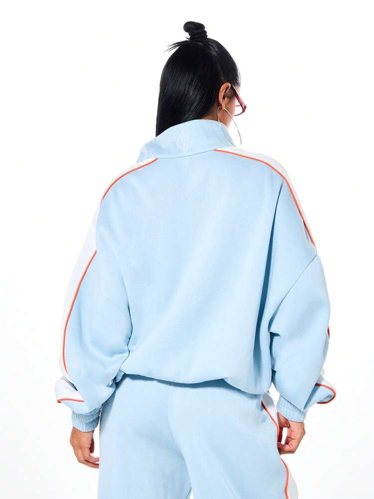 BABYPHAT Sweat-shirt-shirt oversize à col montant avec fermeture éclair, imprimé script et panneaux latéraux color block pour un confort casual en hiver