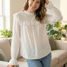 Ticali Top Elegante De Manga Farol Con Acabado De Ribete Fruncido Y Cuello Victoriano C8072 - Blanco - Ver 10