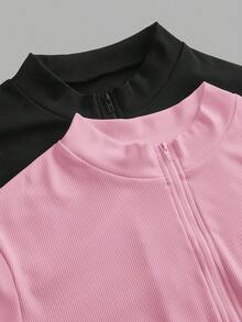 SHEIN Tall CURVE 大码女式两件套黑白半拉链高领修身休闲长袖连体衣 - 粉色 - 查看 7