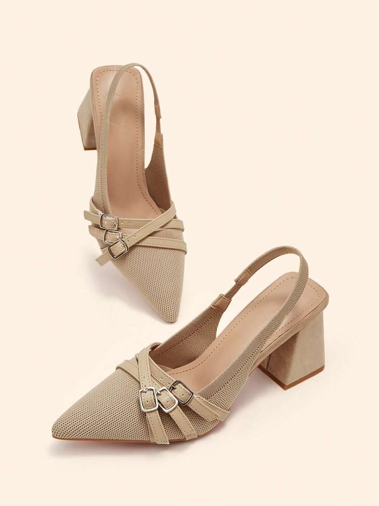 CUCCOO BASICS Women's Pointed Toe Chunky Heel Apricot Knit Multi-Strap Buckle Comfortable Breathable Everyday Versatile Commute Outdoor Necessary High Heel Mules