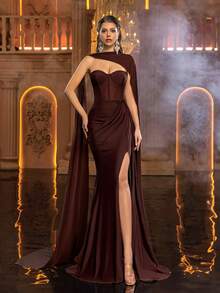 Glamrae 优雅深棕色无肩带腰部网纱透视鱼骨褶皱腰部美人鱼尾垂褶礼服（含可拆卸颈饰），厚重晚礼服 - 鏽棕色 - 查看 2