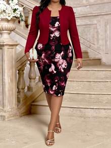 Fleurora 大码优雅派对纯色短款外套和印花长裙两件套 - 彩色 - 查看 4