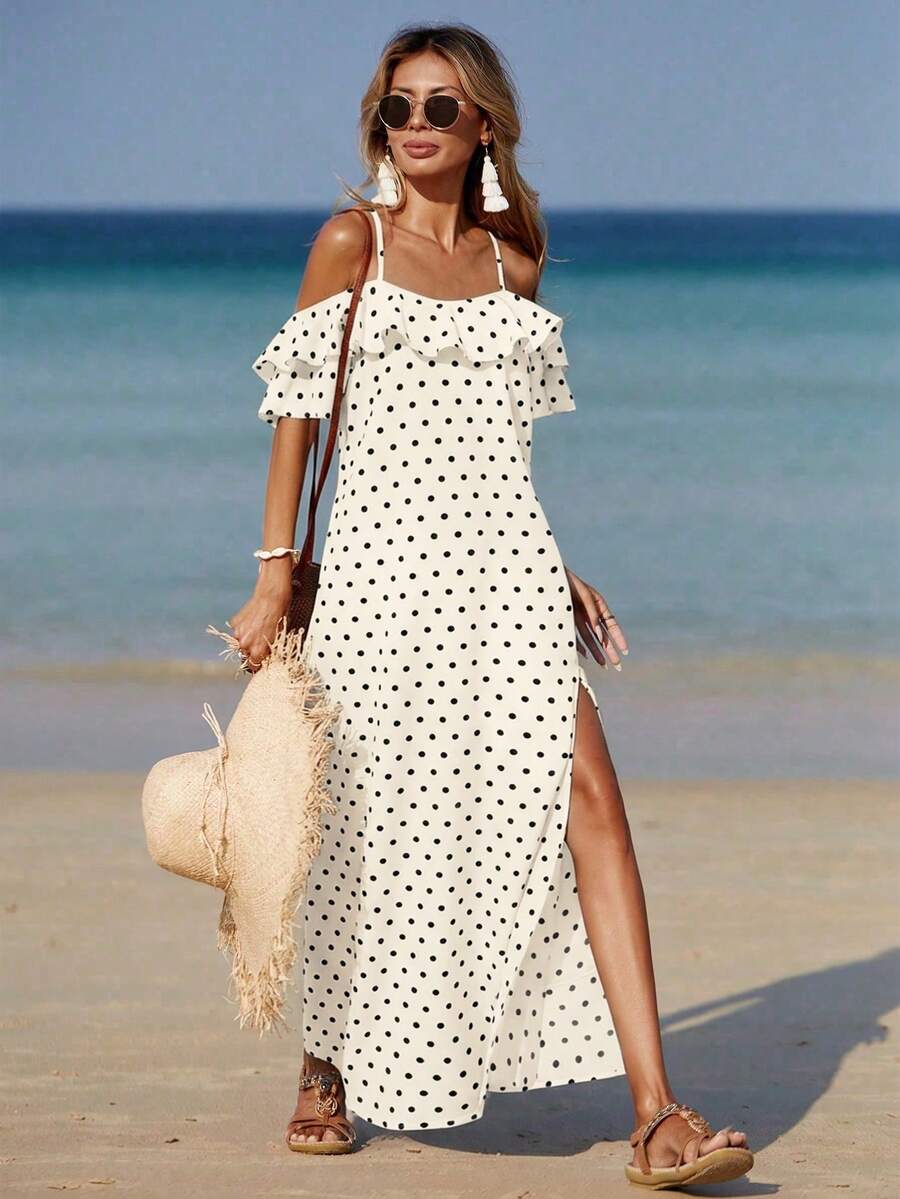 Allurite Women's Polka Dot Print Ruffle Hem High Slit Dress - Multicolor - View 1