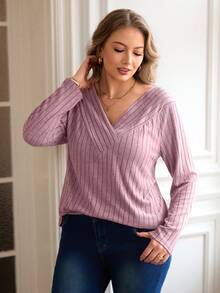 SHEIN LUNE 加大碼肋紋修身長袖t恤 - 粉色 - 查看 6