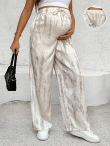 SHEIN Maternity Casual Drawstring Waist Loose Allover Print Pants - Black and White - View 1
