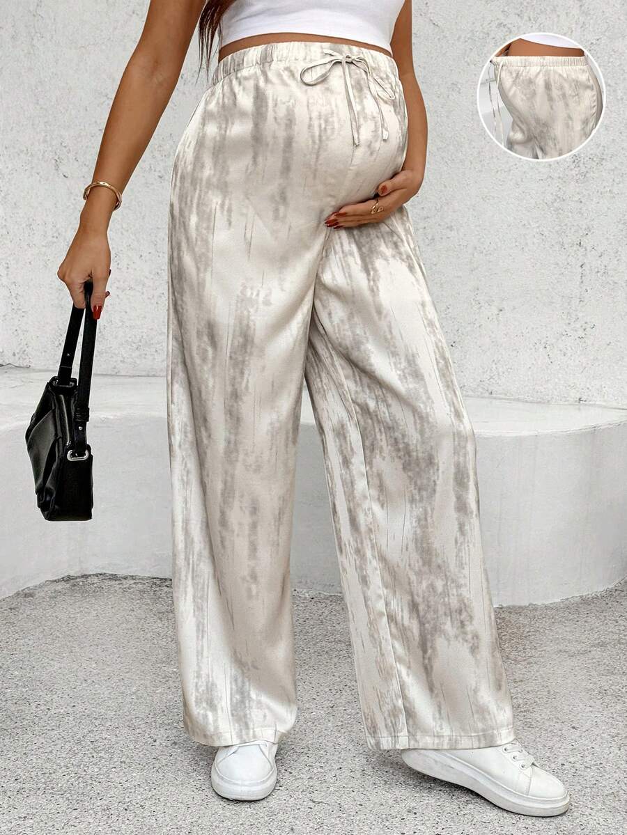 SHEIN Maternity Casual Drawstring Waist Loose Allover Print Pants - Black and White - View 1