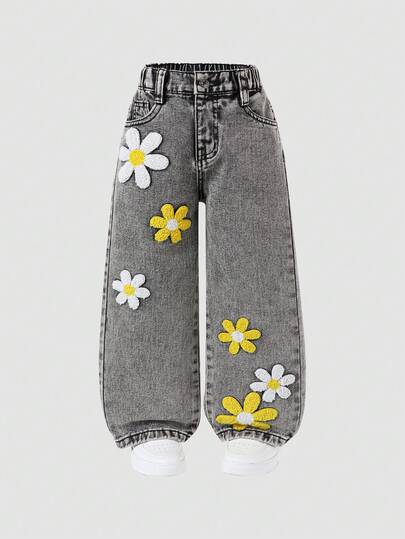 SHEIN ChillGRL Girls/Toddlers' Fashion Snowflake Washed Distressed Embroidered Flare Pants